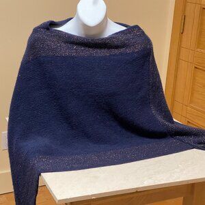 Dark Blue Mismatched Shawl Wrap Poncho with Golden Details & Tassels